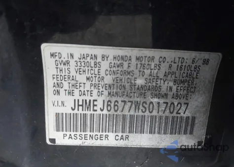 1998 Honda Civic Lx z USA, uszkodzony, nr VIN JHMEJ6677WS017027
